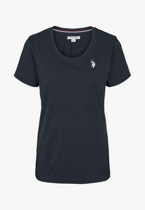 Navyblauwe korte mouwen t-shirt gemaakt van katoen, met een ronde halslijn en een klein wit paardenlogo op de linkerborst.