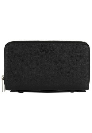 Portefeuille en cuir noir avec une surface texturée, fermeture zippée tout autour et logo de marque en relief, présentant une forme rectangulaire élégante.