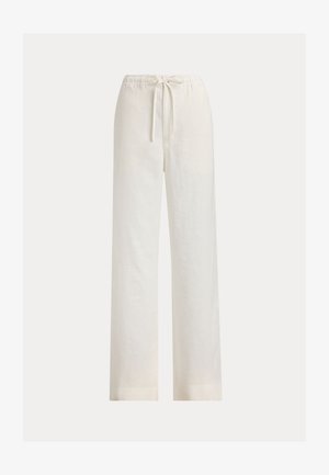Άνετο λευκό παντελόνι από λινό με ελαστική μέση και ρυθμιζόμενο κορδόνι, ευθείες παντελόνι, χωρίς ορατές τσέπες ή σχέδια.