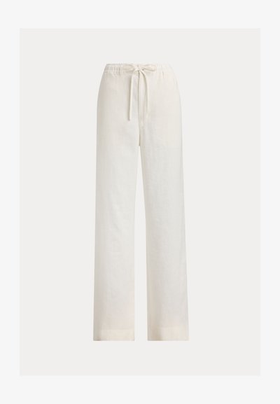 Άνετο λευκό παντελόνι από λινό με ελαστική μέση και ρυθμιζόμενο κορδόνι, ευθείες παντελόνι, χωρίς ορατές τσέπες ή σχέδια.