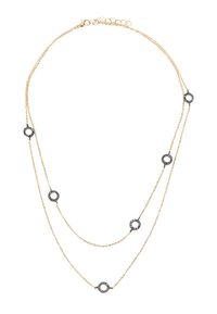 Naszyjnik warstwowy w złotym odcieniu, składający się z dwóch łańcuszków. Na całości równomiernie rozmieszczone okrągłe czarne akcenty z metalicznymi detalami.