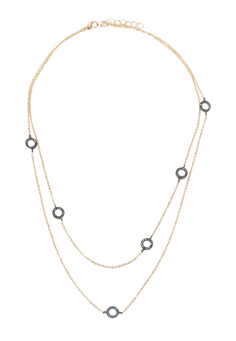 Naszyjnik warstwowy w złotym odcieniu, składający się z dwóch łańcuszków. Na całości równomiernie rozmieszczone okrągłe czarne akcenty z metalicznymi detalami.