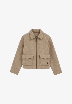 Chaqueta de lana beige con cremallera frontal, cuello con solapa y dos bolsillos delanteros. Tejido texturizado con detalles mínimos.