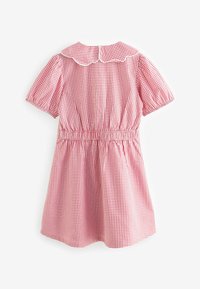 Punainen ja valkoinen ruudullinen mekko, jossa on kaarrokehlka, lyhyet puff-hihat ja joustovyötärö. Kevyt kangas ja leveä helma.