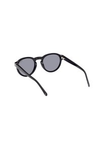 Ochelari de soare din plastic negru cu lentile rotunde, textură netedă și brațe conice. Lentile gri închis și accente metalice lângă balamale.