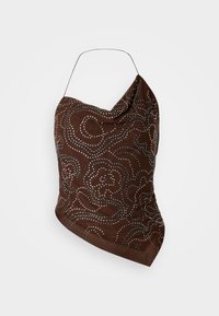 Ruskea halterneck-toppi, jossa on roikkuva muotoilu, jossa on kieppuva kuvio hopeisista ja sinisistä kimalteista. Sujuva pinta ja epäsymmetrinen helma.