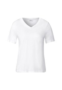 Hvid kortærmet V-hals t-shirt lavet af blødt materiale, med en afslappet pasform og minimale sømme samt en mærkelabel ved halsudskæringen.