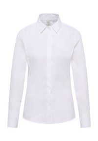Witte lange mouwen shirt met een klassieke kraag, met een knoopsluiting aan de voorkant en een gladde, gepolijste katoenen textuur. Geen zichtbare patronen of accenten.