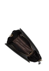 Schwarze Lederhandtasche mit strukturiertem Oberflächen, goldener Reißverschluss und einem braun gefütterten Innenraum mit einem Markenlogo-Muster.