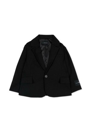 Zwarte single-button blazer met notched revers, twee voorzakken met klep en een merklabel op de linker mouwmanchet.