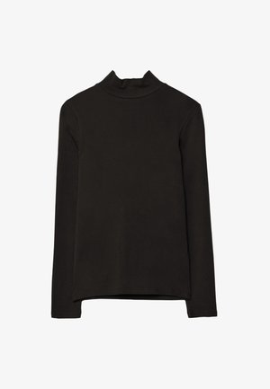 Svart långärmad turtleneck-tröja med rak fåll och åtsittande ärmar på vit bakgrund.