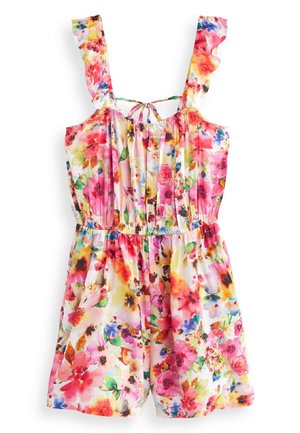 Ärmelloser Overall mit Blumenmuster, Rüschen an den Trägern, elastischer Taille und Bindeband hinten, in den Farben Pink, Rot, Gelb, Blau und Grün.