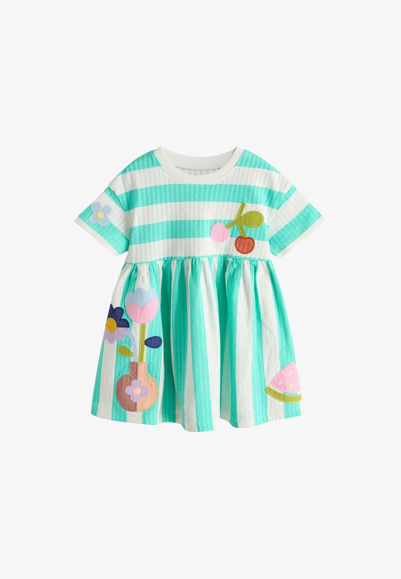 Robe à manches courtes pour tout-petit avec des rayures turquoise et blanches, décorée de fleurs brodées, de cerises et d'une tranche de pastèque.