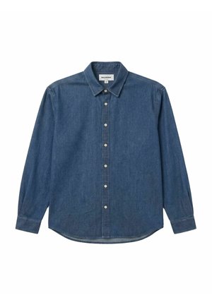Blauw denim overhemd met lange mouwen, knopen aan de voorkant, een kraag en een gebogen zoom, maat M van het merk Balmohk.