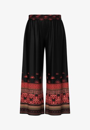 Sorte bukser med vide ben med røde blomster- og geometriske kantmønstre og elastisk taljebånd med matchende røde designs.