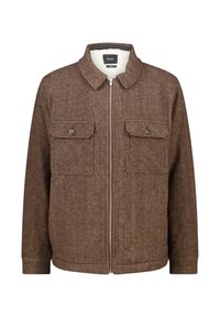 Brown herringbone fabric jacket with a zip front, stand collar, and two chest pockets featuring button closures. Soft interior lining detail.