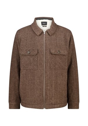 Veste en tissu à chevrons marron avec fermeture éclair sur le devant, col montant et deux poches poitrine avec boutons. Doublure intérieure douce.