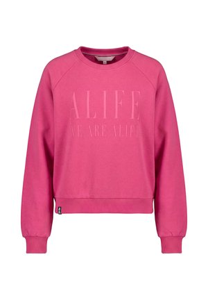 Bright pink crewneck sweatshirt with ribbed cuffs and hem, featuring embossed text "ALIFE WE ARE ALIFE" on front.
