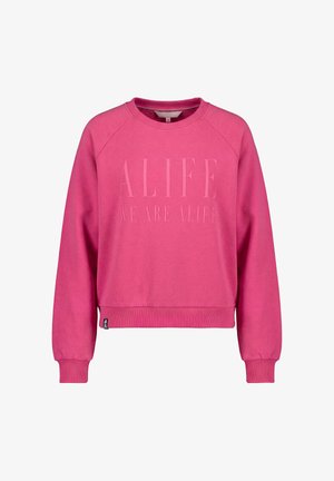 Leuchtend pinker Pullover mit Rundhalsausschnitt, gerippten Bündchen und Saum, mit erhabenem Schriftzug "ALIFE WE ARE ALIFE" auf der Vorderseite.