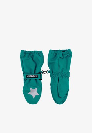 Vihreänsiniset lasten rukkaset, joissa on tähtikuvio, joustavat resorit ja kiinnityslenkki. Valmistettu vettähylkivästä kankaasta lämpöä ja mukavuutta varten.