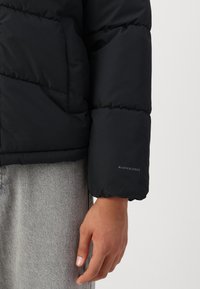 Black puffer jacket with a quilted design, featuring a prominent logo on the cuff, paired with light gray pants. Smooth texture, voluminous shape.