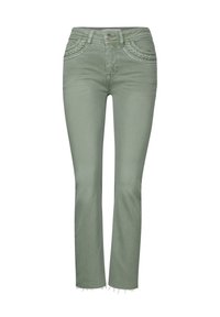 Grüne Denim-Jeans mit tailliertem Design, leicht ausgestellt am Knöchel, fransigem Saum und dekorativer Stickerei auf den vorderen Taschen.