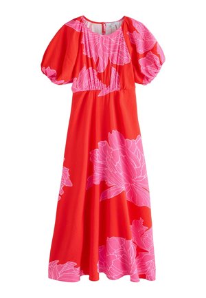 Czerwona sukienka midi z dużym różowym kwiatowym nadrukiem, z bufiastymi krótkimi rękawami i okrągłym dekoltem z zapięciem na guziki z tyłu.