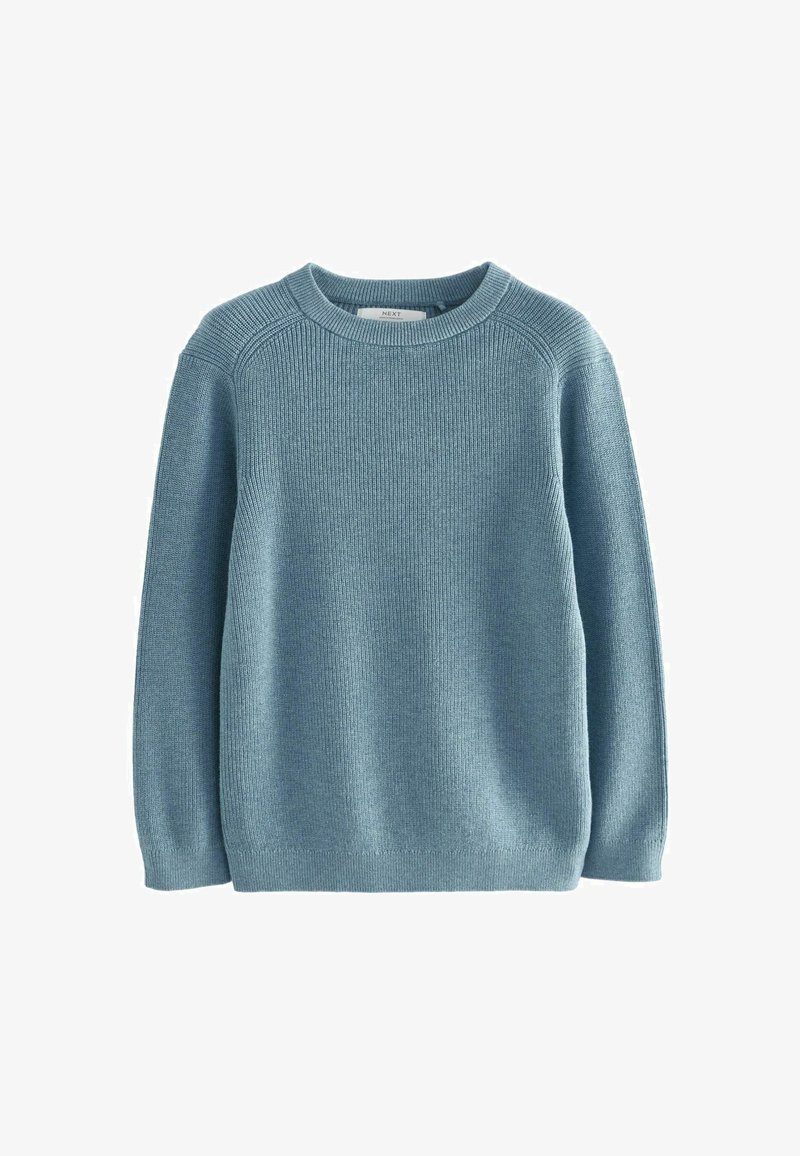 Hellblauer Strickpullover mit Rundhalsausschnitt, mit gerippter Textur und langen Ärmeln, der ein schlichtes Design ohne Verzierungen aufweist.