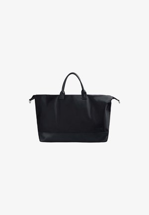 Black duffel bag made of durable nylon, featuring two top handles, a smooth texture, and a contrasting lower panel with a subtle logo.