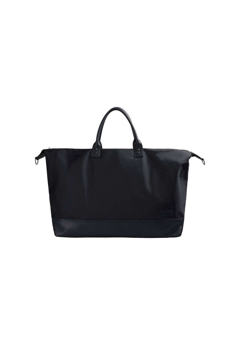 Schwarze Duffel-Tasche aus strapazierfähigem Nylon, ausgestattet mit zwei oberen Griffen, einer glatten Textur und einem kontrastierenden unteren Panel mit einem dezenten Logo.