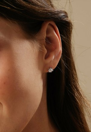 Klarer Kristall-Ohrstecker-Set in silbernem Metall, mit floralem Design. Der Ohrring hat eine polierte Oberfläche und dezenten Glanz.