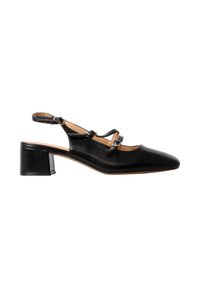 Escarpin slingback en cuir noir avec talon carré bloc et double brides à boucle sur le cou-de-pied, doublure intérieure couleur sable.