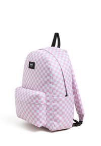 Zaino a forma arrotondata con motivo a scacchi rosa e bianco, tasca frontale esterna e spallacci regolabili neri. Etichetta con logo sulla parte anteriore.