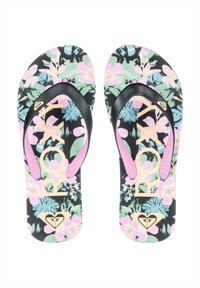 Flip-flops med svart bas och ett färgglatt blommönster i rosa, blått och grönt, samt ett svart gummiband med gulddetaljer.