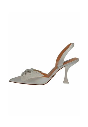 Weißer Slingback-Pumps mit spitzer Zehenpartie, skulpturiertem Absatz und einer strukturierten Schleifendetaillierung vorne.