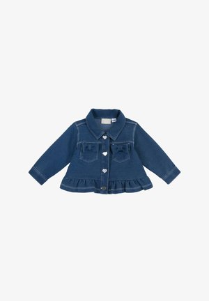 Dunkelblaue Jeansjacke mit langen Ärmeln, herzförmigen Knöpfen, zwei Fronttaschen und einem Rüschensaum. Sie hat ein klassisches Kragen-Design.