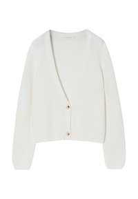 Cardigan bianco lavorato a maglia con scollo a V, maniche lunghe e bottoni in legno sul davanti. Orlo e polsini a costine, con un motivo testurizzato.