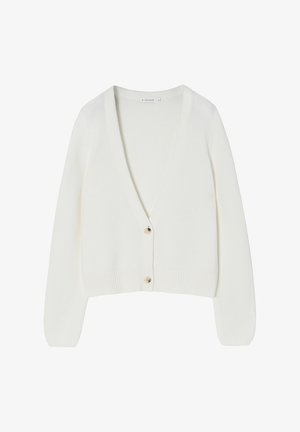 White knitted cardigan with a v-neck, long sleeves, and wooden buttons at the front. Ribbed hem and cuffs, featuring a textured pattern.