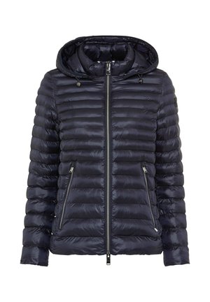 Navy puffer jacket with a hood, featuring horizontal quilted sections, two zippered front pockets, and a full-length zipper closure.