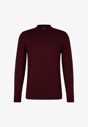 Maglioncino a collo alto color bordeaux con maniche lunghe, caratterizzato da un design aderente e polsini a coste. Senza loghi o decorazioni visibili.