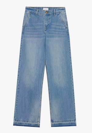Light blue denim wide-leg jeans with a high waist, featuring front pockets and a button closure, finished with a raw hem.