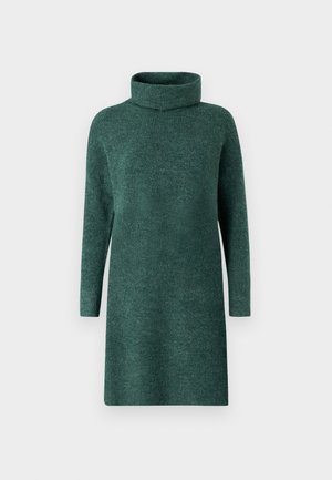 Robe à manches longues et col roulé en vert foncé. Fabriquée en tissu tricoté texturé, elle présente une silhouette décontractée et une longueur mi-cuisse.