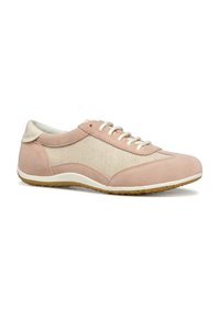Sneaker in suede rosa con un pannello in rete, design con lacci, dettagli crema alla collana e alla suola, suola in gomma per una buona aderenza.