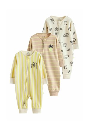 Three long-sleeve baby sleepers in yellow stripes, beige stripes with pineapple patch, and white with black abstract nature prints.