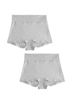 Zwei Paare hellgraue nahtlose Damen-Shorts mit hohem Bund und breitem Taillenbund, flach auf weißem Hintergrund gezeigt.