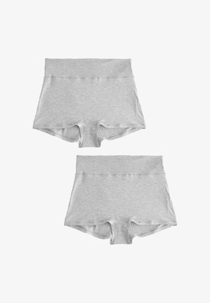 Deux paires de shorts femme gris clair, sans coutures, taille haute avec une large ceinture, présentées à plat sur fond blanc.