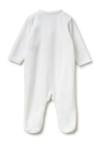 Biała bawełniana bodziak z długimi rękawami, z nogawkami, okrągłym dekoltem i miękką teksturą. Brak widocznych wzorów lub detali sprzętowych.