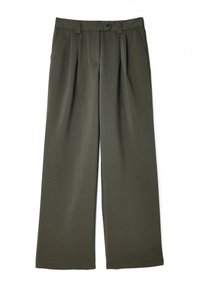 Široke hlače v temno olivni zeleni, izdelane iz gladkega materiala. Imajo sprednje naborke, gumbasto zapiranje in stranske žepe.