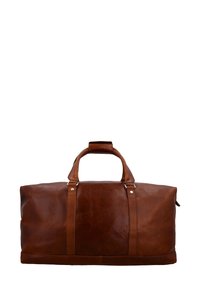 Brun läderduffelväska med dubbla handtag, slät textur, minimal sömnad och metallhårdvaruaccents vid handtagsfästen.
