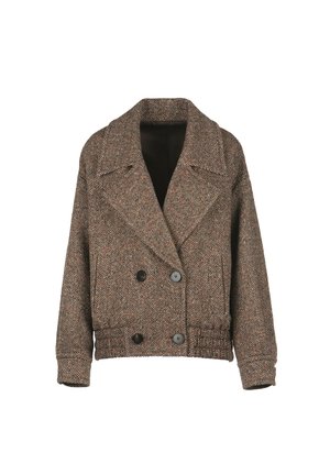 Brown herringbone patterned jacket made of textured wool blend, featuring a broad collar, double-breasted buttons, and elastic waistband.